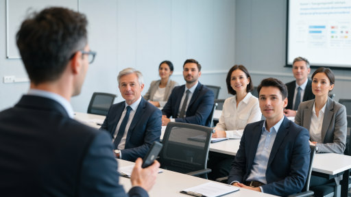 政府采购基础课程，现代化教室场景，讲师正在授课，学员专注听讲